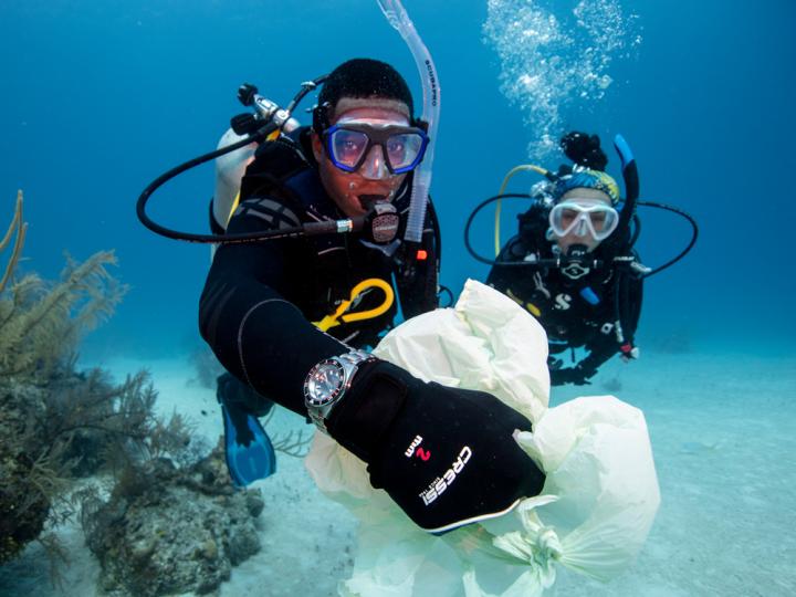 divers picking up plastic litter in ocean